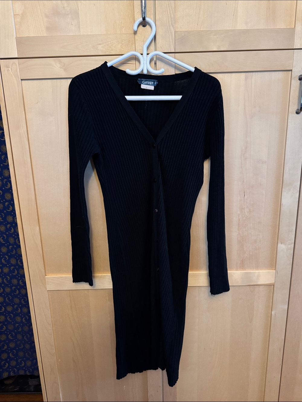 Garage Black Ribbed V-Neck Button-Front Long Sleeve Dress